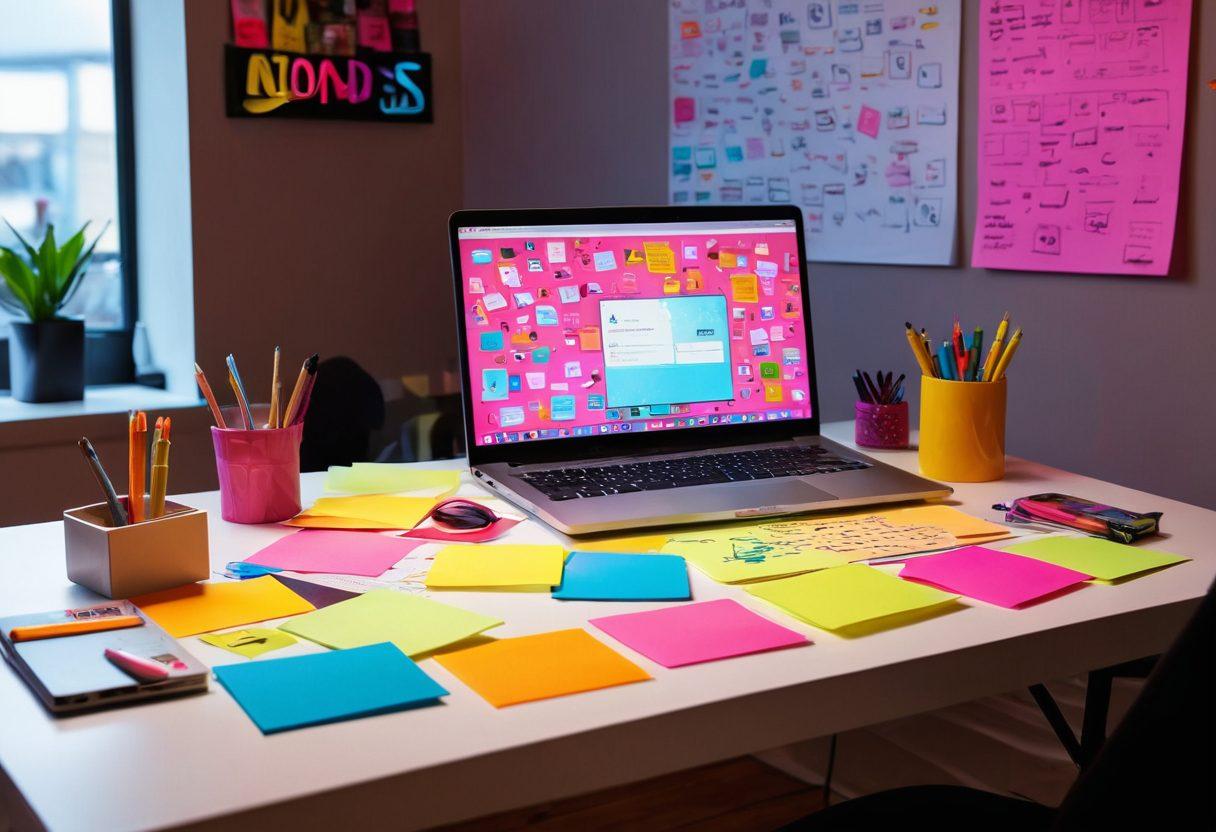 An inspiring workspace for a web designer: a sleek, modern desk with a laptop open to a colorful, creative website design. Bright sticky notes and sketches scattered around, showcasing the brainstorming process. A glowing neon light in the shape of a computer icon in the background. The scene feels inviting, encouraging creativity and innovation. vibrant colors. super-realistic.