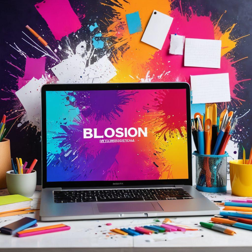 A creative workspace filled with colorful tools and materials for blogging and web design, featuring a laptop with a vibrant website mockup on the screen, surrounded by sketches and post-it notes filled with ideas. The background is lively with a splash of artistic elements like paint splatters and pixelated designs, symbolizing the transition from passion to the digital world. super-realistic. vibrant colors. 3D.