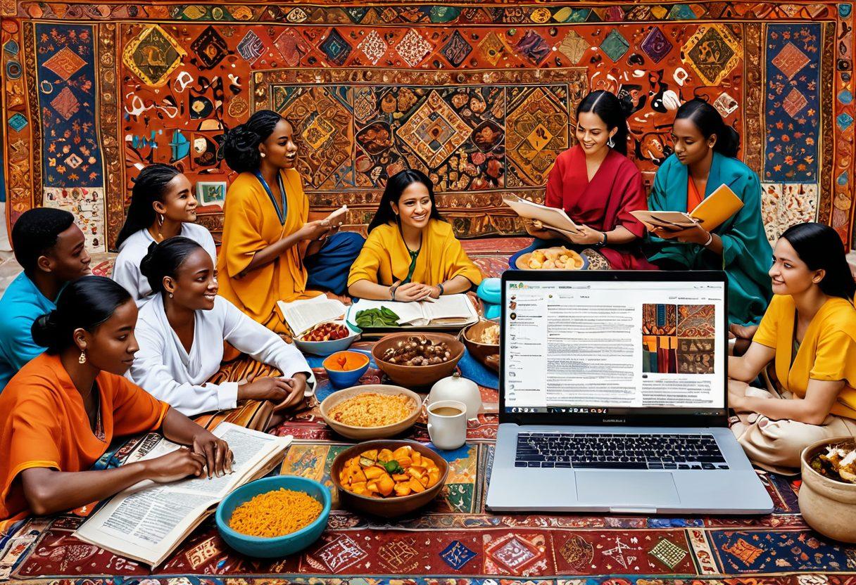 A vibrant tapestry showcasing multicultural symbols like traditional clothing, food, and art from various cultures woven together. In the background, a diverse group of people engaging and sharing stories, reflecting unity in diversity. The foreground features an open laptop displaying blog pages filled with colorful content. Emphasize inclusivity and celebration of cultures. bright colors. super-realistic.